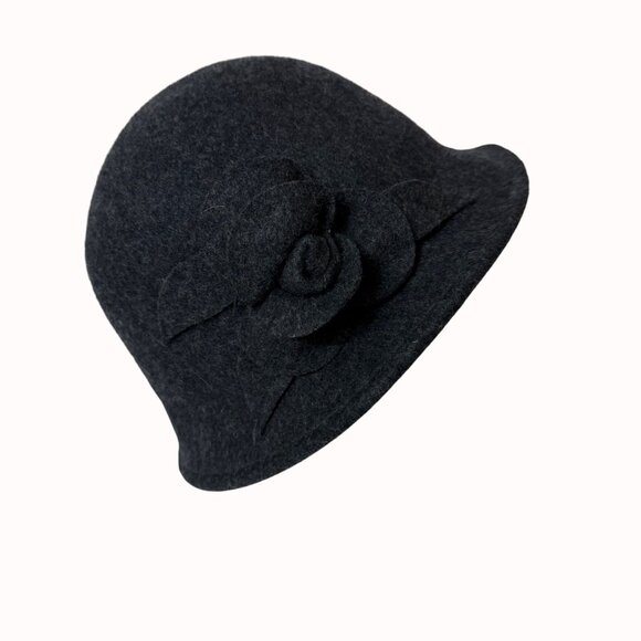Charter Club Black Wool Cloche Womens Size M/L Vintage Style Flower Winter Hat - Picture 3 of 14